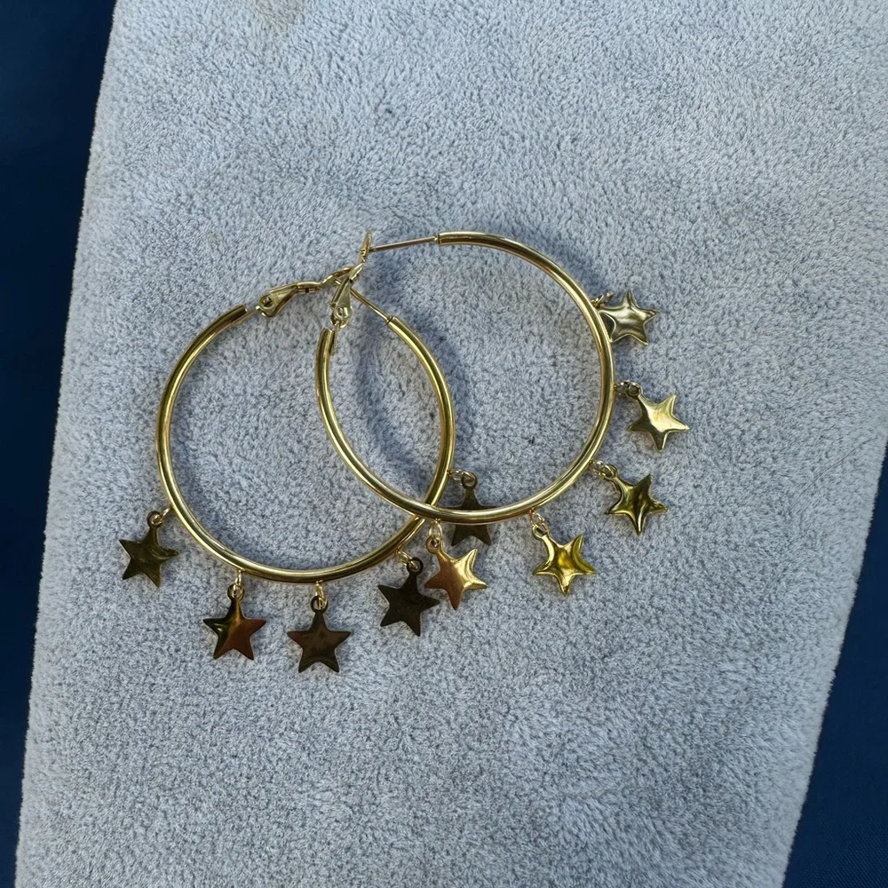 New Stainless Steel Gold Star Hoop Earrings - Picture 9 of 11